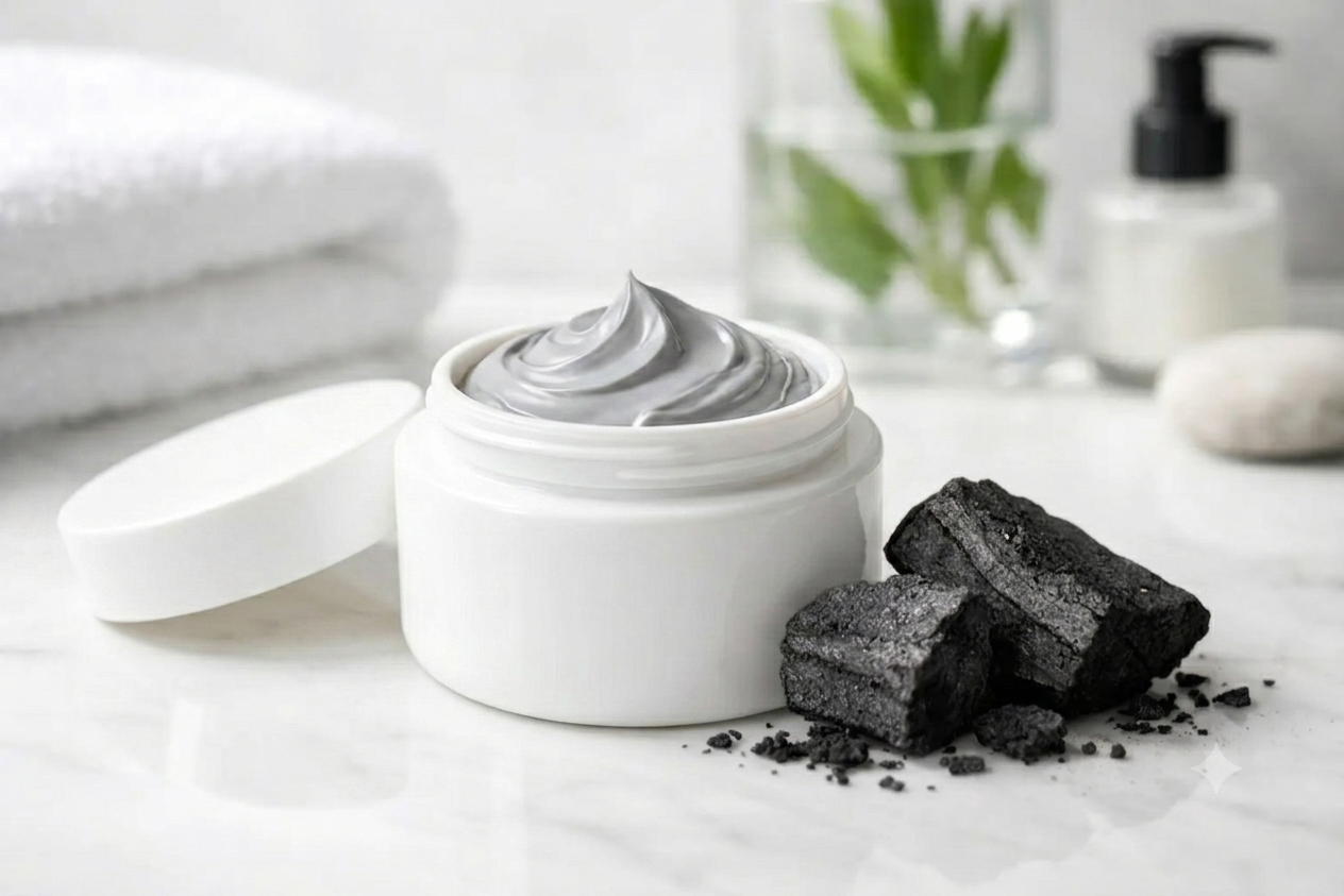 Charcoal cream deodorant on bathroom counter